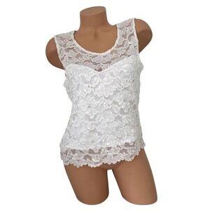 Hanky Panky Women's XL White Floral Lace Tank Top Sleeveless Scalloped Blouse